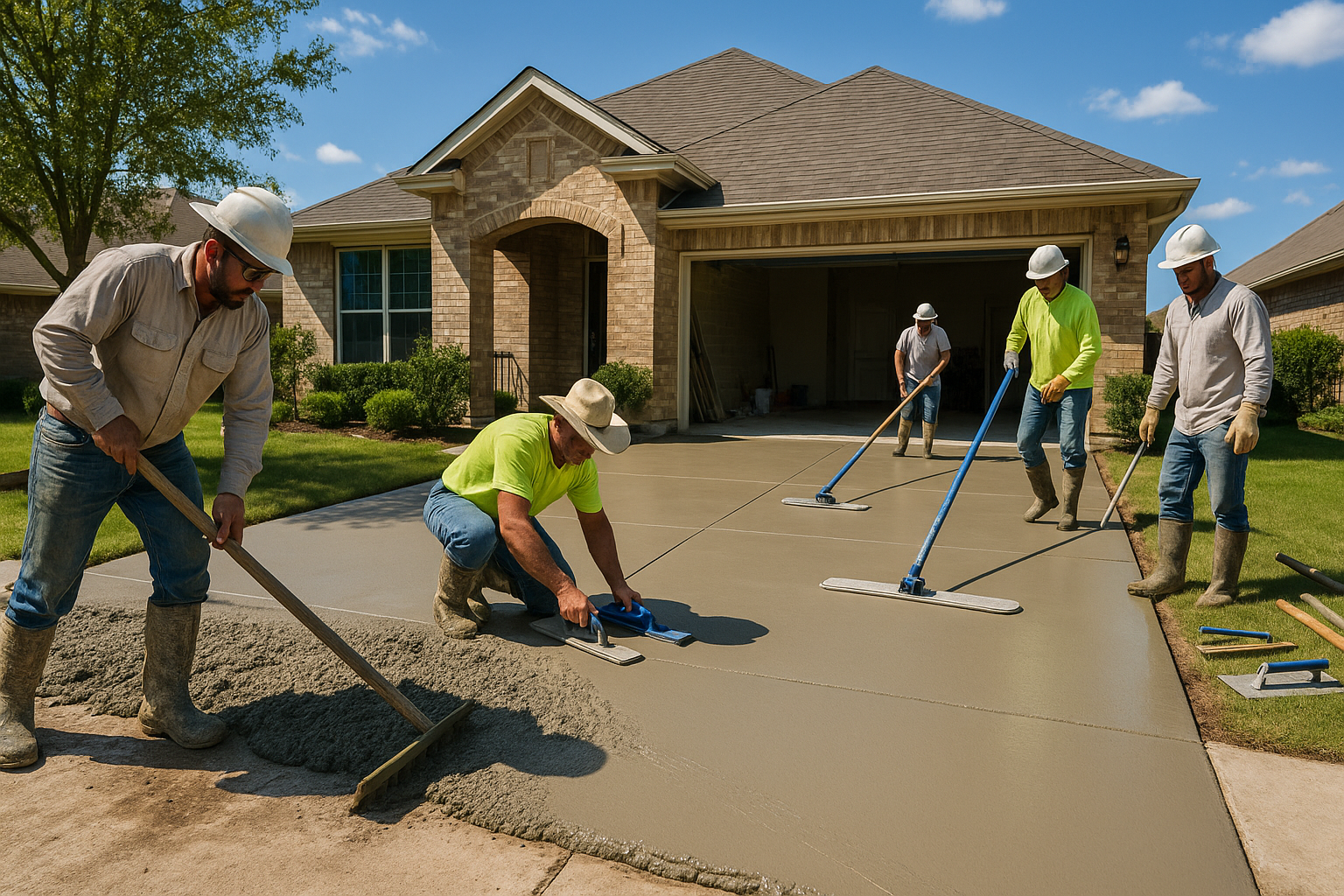 A professional Texas concrete crew pouring a new residential concrete driveway in a suburban home, fresh wet concrete being spread and leveled, bright Texas sunlight, clean jobsite, pickup truck and tools nearby, realistic, high detail, wide-angle exterior shot