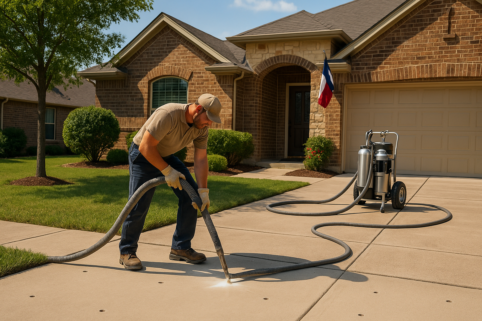 A bright Texas suburban home with a contractor performing polyurethane foam concrete raising on a sunken driveway slab, small injection holes visible, slab being lifted level, clean professional equipment, warm natural light, realistic, no demolition, no mess.