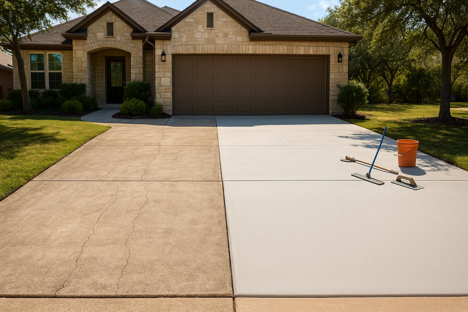 A realistic Texas residential concrete driveway with a visibly worn, discolored surface on one side and a clean resurfaced finish on the other, subtle signs of minor cracking, bright Hill Country sunlight, modern suburban home in the background, contractor tools nearby, professional before-and-after style composition, natural colors, high detail.