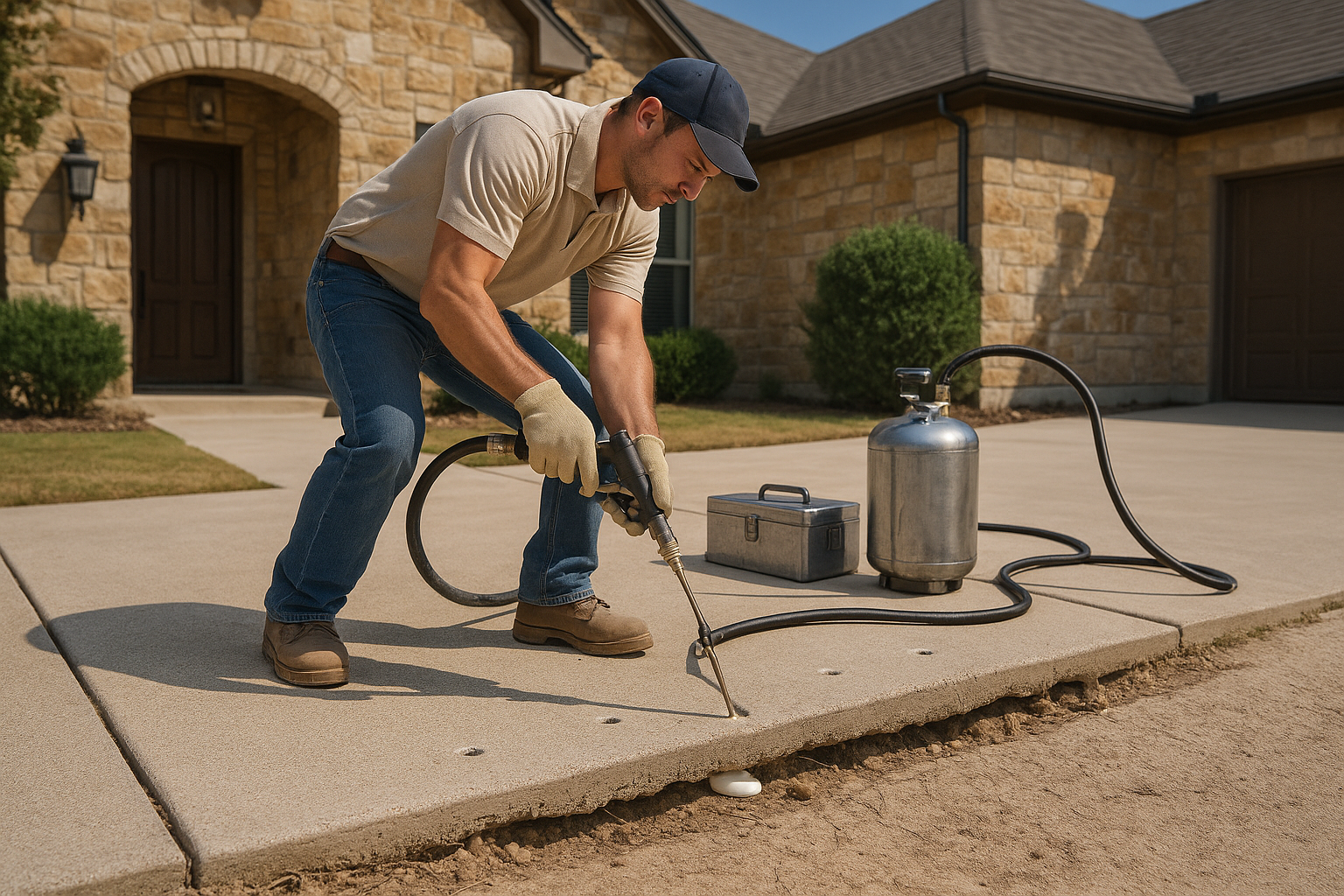 A realistic Texas residential concrete scene showing a slightly sunken driveway slab beside a stable slab, with a contractor performing polyurethane foam injection through small drilled holes. Dry clay soil, subtle gaps under the concrete, clean tools, bright Hill Country sunlight, and a professional repair-in-progress look. Emphasize before-and-after elevation difference, minimal mess, and a high-end local service aesthetic.