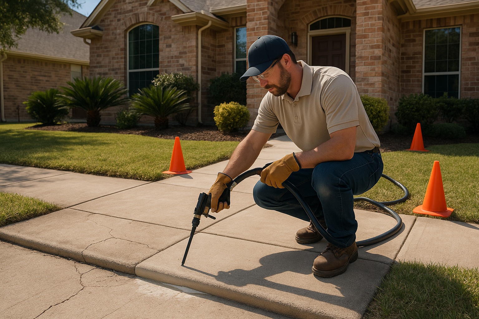 A high-resolution residential Texas home exterior with a damaged concrete sidewalk showing cracks, uneven sections, and a slightly sunken slab being repaired with polyurethane foam injection. A contractor in clean branded workwear uses professional equipment near the sidewalk. The setting is bright, warm, and suburban with Texas-style landscaping, clear daylight, and realistic concrete texture. Emphasize before-and-after contrast, safety improvement, and a clean, professional repair process.
