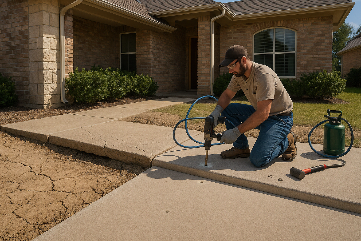 A realistic Texas residential property with a visibly sunken concrete slab section being lifted by polyurethane foam injection. Show a contractor drilling small holes and injecting foam beneath the slab, with the concrete rising evenly. Include dry Texas soil, subtle cracking before repair, clean tools, bright daylight, and a professional no-mess jobsite. Emphasize before-and-after contrast and a sturdy, level finished slab.