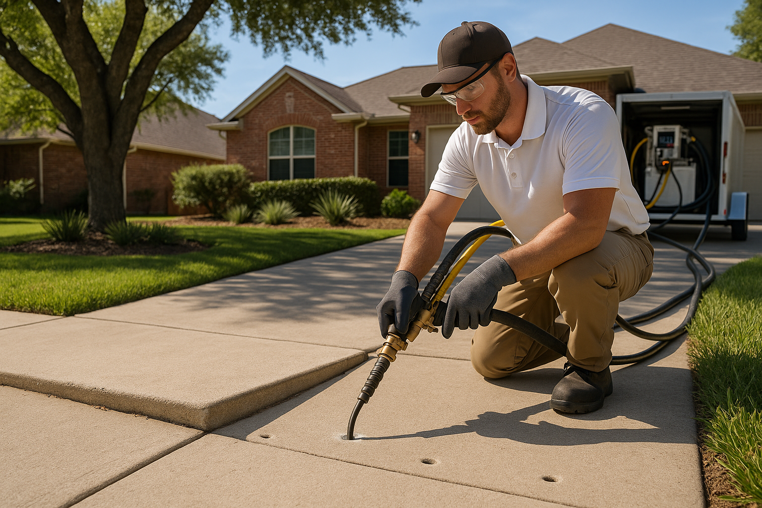 A realistic residential Texas sidewalk with one concrete slab raised higher than the next, creating a visible trip hazard. A contractor is repairing it using polyurethane foam injection with small drilled holes, clean equipment, and no demolition. Bright daylight, suburban home setting, clean concrete surface, professional service scene, high-detail, photo-realistic.
