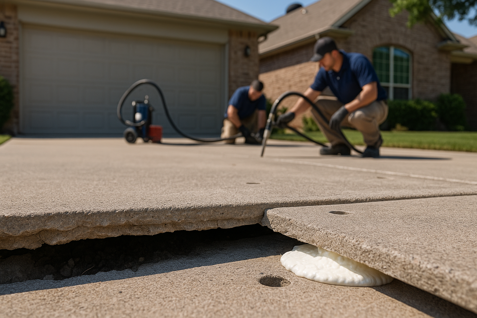 A realistic residential Texas driveway slab with a visible gap and soil void underneath, technicians performing polyurethane foam injection through small drilled holes, slab being lifted and stabilized, bright daylight, clean suburban home setting, detailed concrete texture, professional equipment, before-and-after visual contrast.