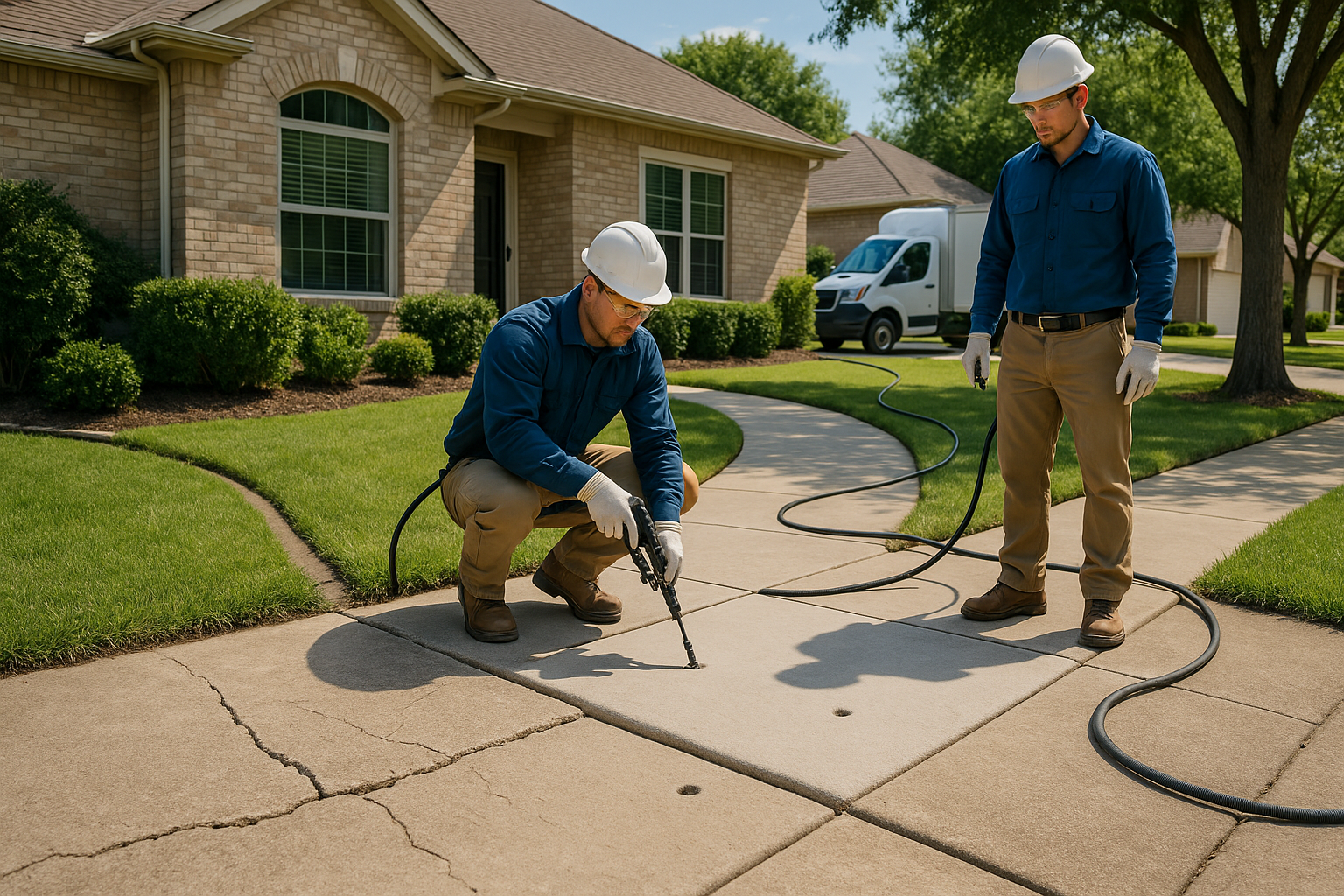 A high-resolution residential Texas home exterior with a cracked and uneven concrete walkway being repaired by technicians using polyurethane foam injection equipment. Show one section of walkway lifted level, clean patched drill holes, bright daylight, suburban landscaping, and a professional service truck in the background. Emphasize before-and-after contrast, safety, and curb appeal.
