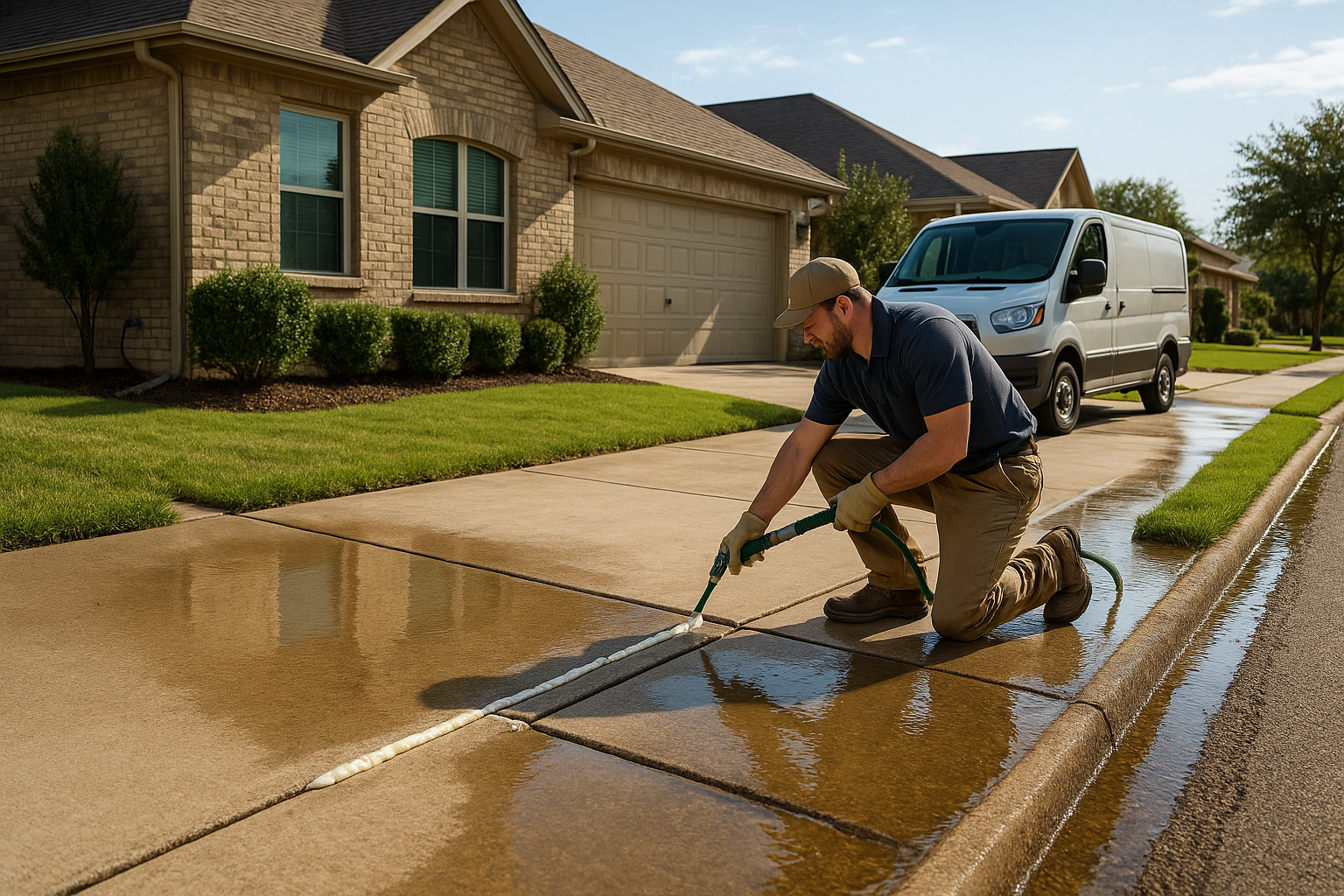 A high-resolution residential Texas driveway with visible drainage issues: water pooling near expansion joints, slight slab settlement, and a contractor demonstrating how polyurethane foam lifting and joint sealing correct runoff and stabilize the concrete. Bright natural light, realistic suburban home, clean professional service-truck aesthetic.