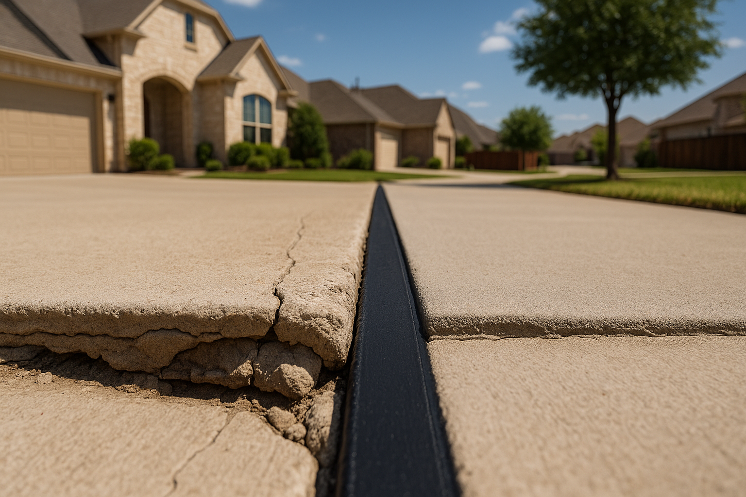 A realistic Texas residential driveway with a close-up view of a damaged, rotted expansion joint on one side and a freshly replaced black silicone expansion joint on the other. Show subtle slab cracking and soil washout near the failed joint, with clean repaired concrete, bright daylight, upscale suburban home, and contractor-grade detail. Emphasize before-and-after contrast, neat workmanship, and Texas heat conditions.