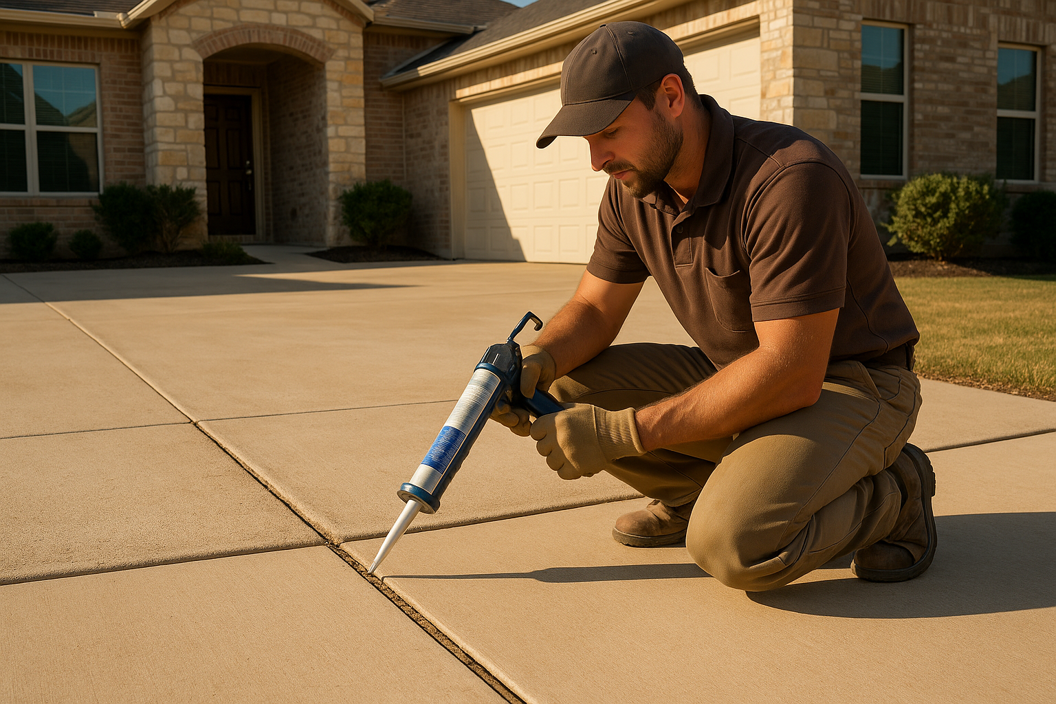 A realistic Texas suburban concrete driveway in bright afternoon light, showing a contractor sealing a cleaned expansion joint with professional-grade silicone. One side of the image shows failed, rotted joint material and slight slab settling; the other shows a neat, freshly sealed joint with clean lines. Include subtle Texas home styling, dry clay soil context, and a polished service-company marketing look.