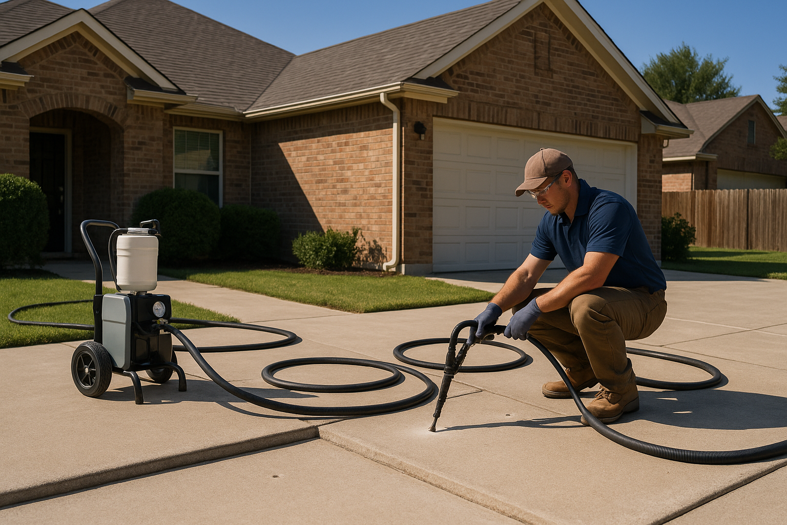 A realistic Texas residential driveway with one concrete slab visibly sunken near the garage, a contractor performing polyurethane foam injection through small drilled holes, clean equipment, bright daylight, suburban home, minimal mess, before-and-after leveling contrast, professional and trustworthy service scene.