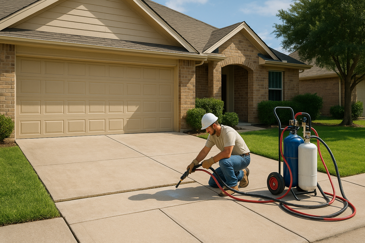 A realistic residential Texas driveway with one concrete slab visibly sunken near the garage, a contractor using polyurethane foam injection equipment to lift and level the slab, clean suburban setting, bright daylight, before-and-after elevation difference visible, professional repair scene, natural colors, high detail, no text or watermark.