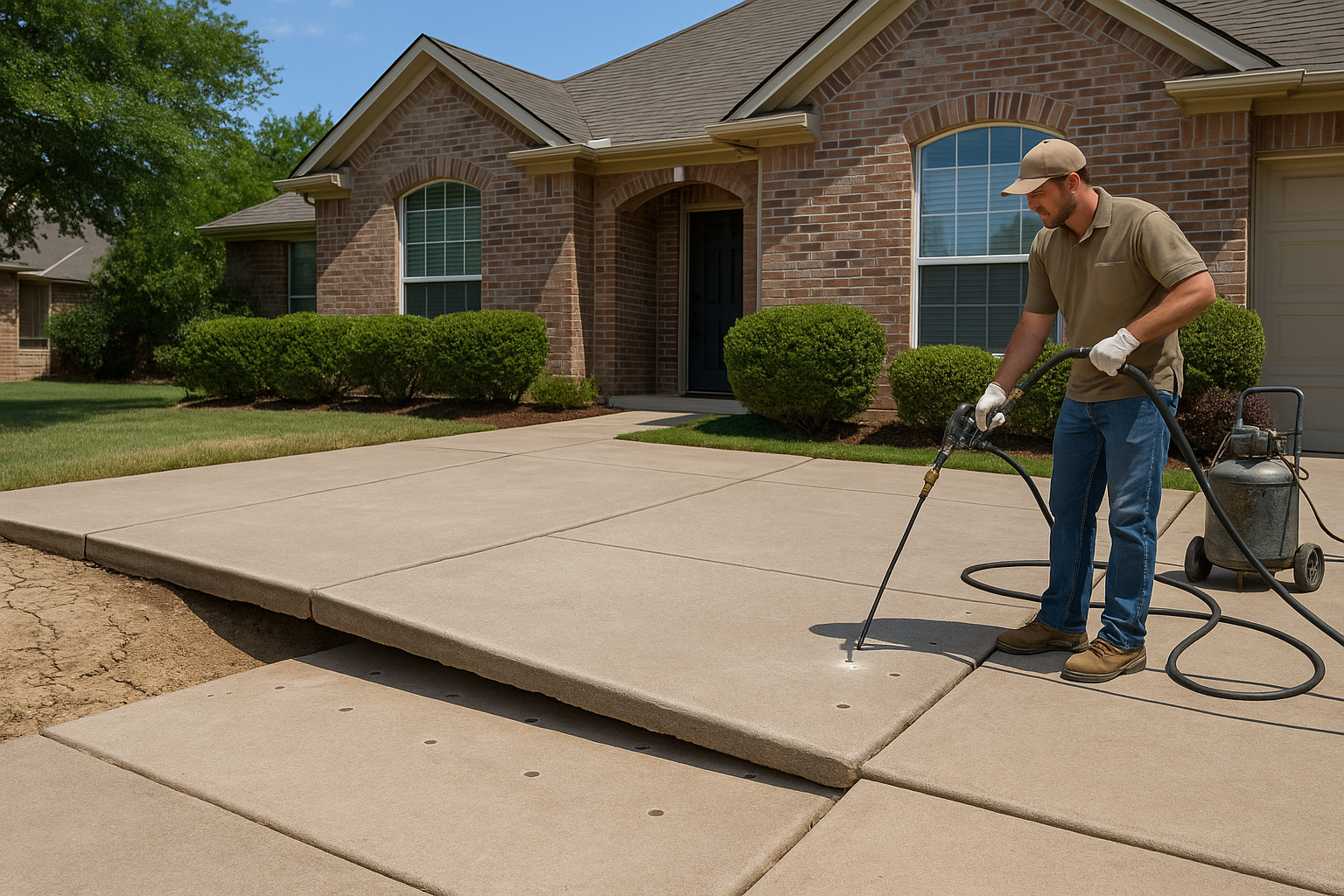 A bright Texas suburban home with a visibly sunken concrete driveway being lifted by polyurethane foam injection. Show a contractor using professional equipment, small drill holes in the slab, and one side of the driveway rising back into alignment. Include dry Texas soil, clean landscaping, and a realistic before-and-after contrast. Natural daylight, high-detail, photorealistic, trustworthy home-service marketing style.