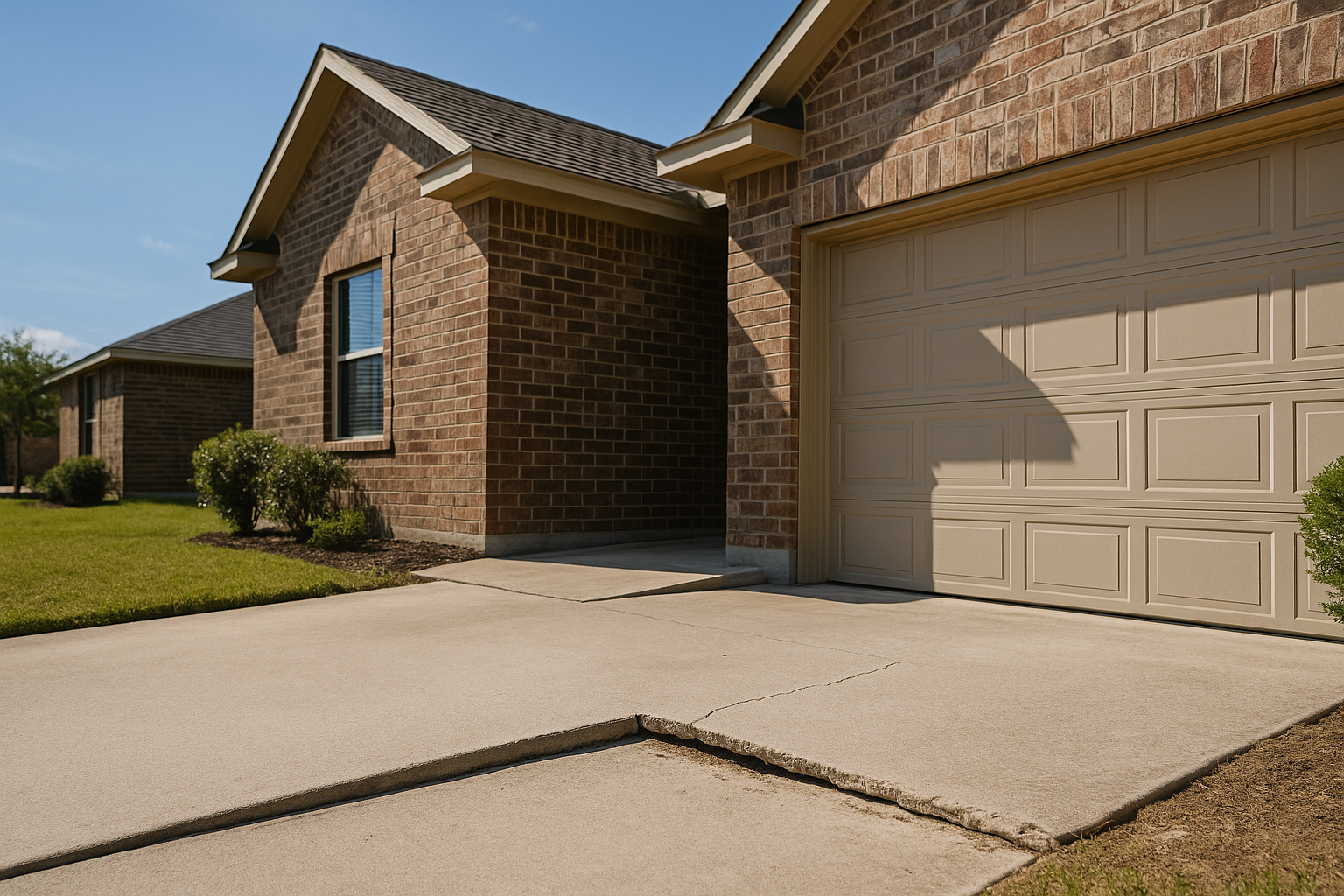 A realistic residential Texas home with a concrete driveway visibly sinking where it meets the house foundation, showing a gap and uneven slab edge near the garage, bright daylight, subtle soil movement clues, professional documentary-style photography, clean suburban setting, high detail, natural colors