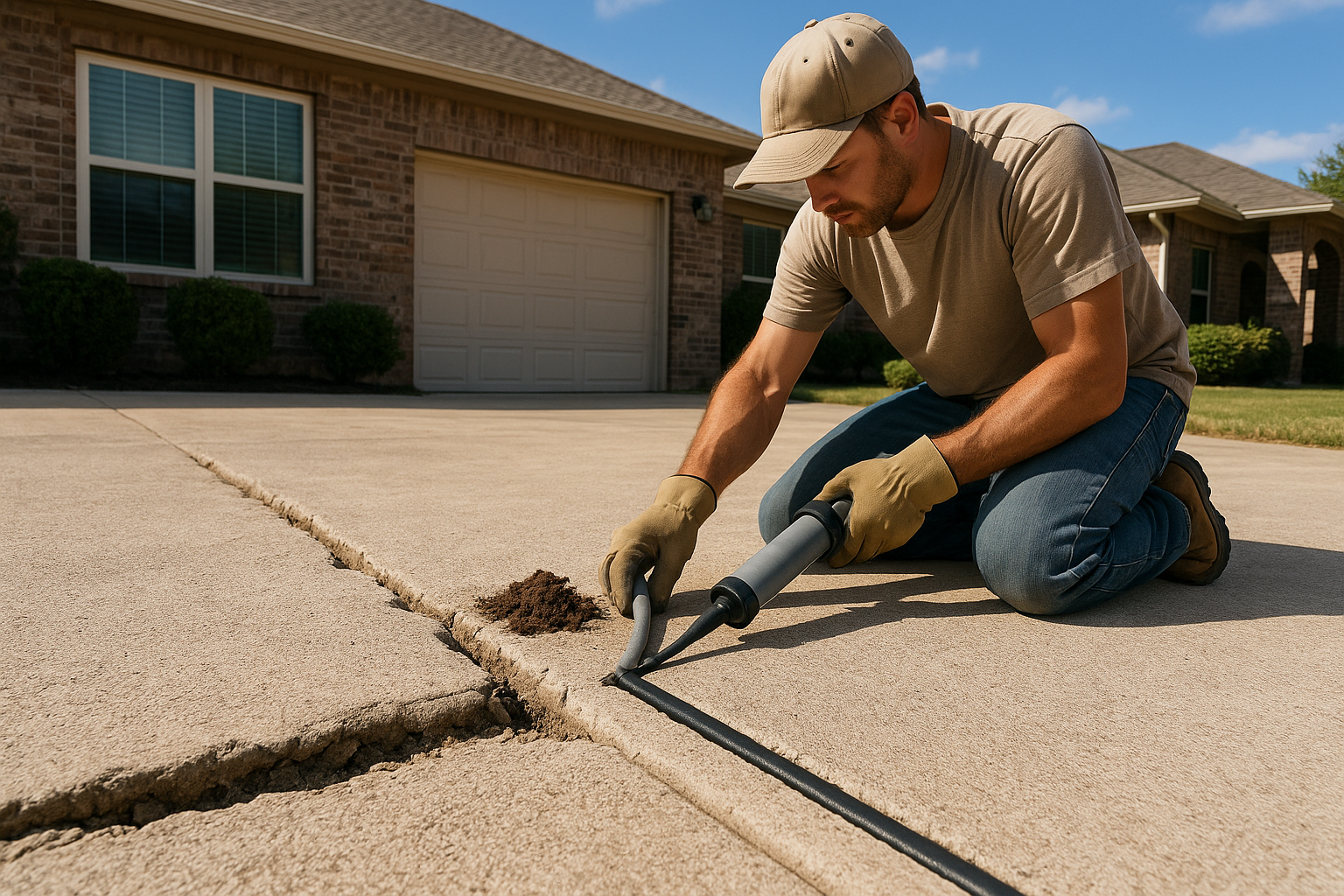 A realistic Texas residential driveway with a deteriorated concrete expansion joint between slabs, one side beginning to sink slightly from water intrusion and soil erosion. A contractor is removing old rotted joint material and installing backer rod with fresh black silicone sealant. Bright daylight, clean suburban home, detailed concrete texture, professional repair scene, wide-angle composition, high-resolution.