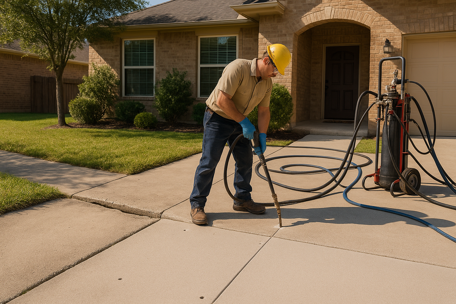 A high-resolution residential Texas driveway scene showing a contractor performing polyurethane foam jacking on a sunken concrete driveway slab. One side of the driveway is visibly uneven before lifting, while the treated section is level and clean after repair. Include subtle drilling holes, injection equipment, a tidy suburban home, bright Texas sunlight, realistic concrete texture, and a professional, trustworthy service atmosphere.