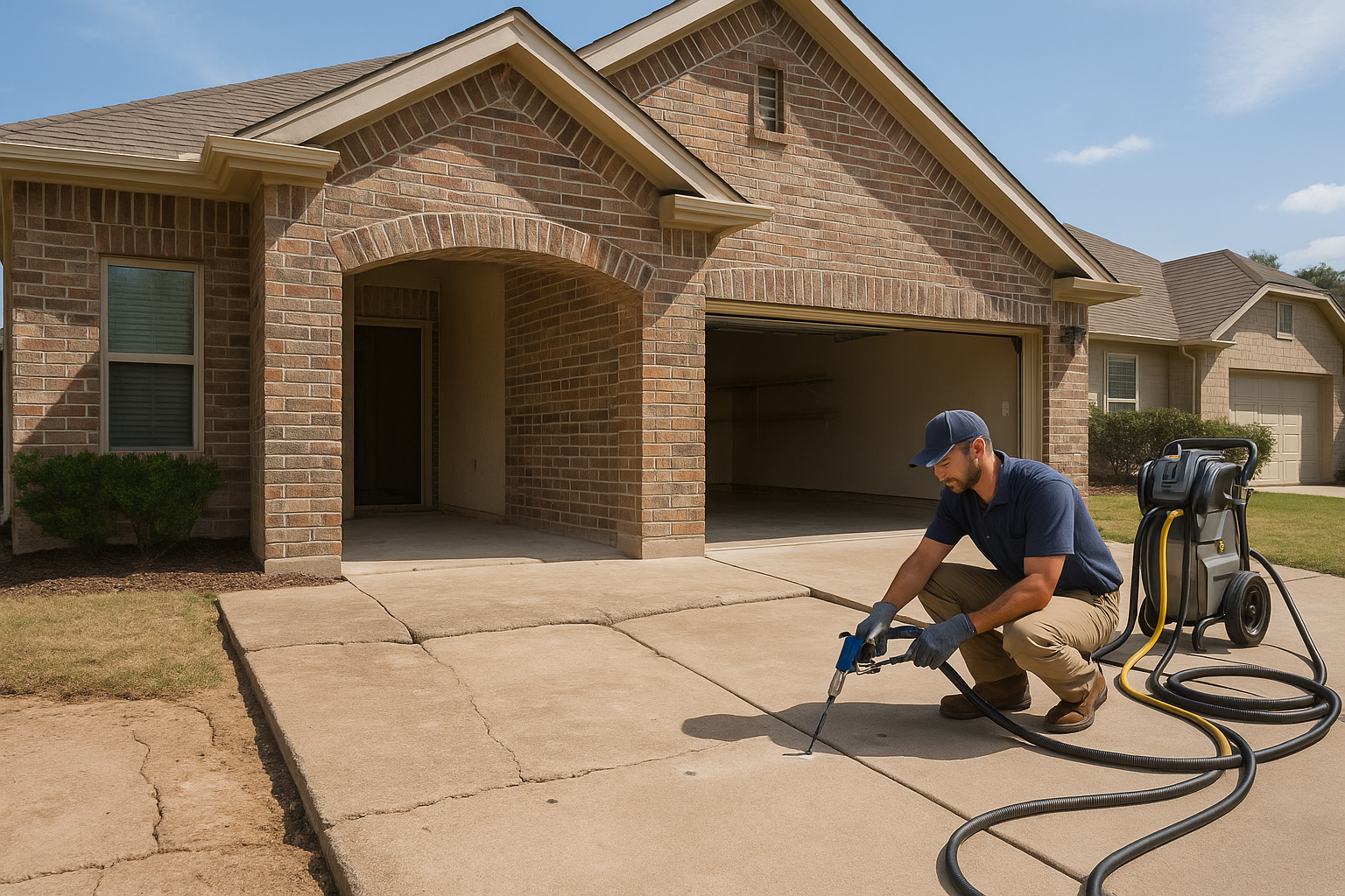 A realistic Texas suburban garage with one side of the concrete floor visibly sunken near the garage door threshold, a technician performing polyurethane foam injection through small drilled holes, clean professional equipment, bright natural daylight, modern home exterior, subtle signs of clay soil movement, before-and-after leveling concept, high-detail photorealistic style.