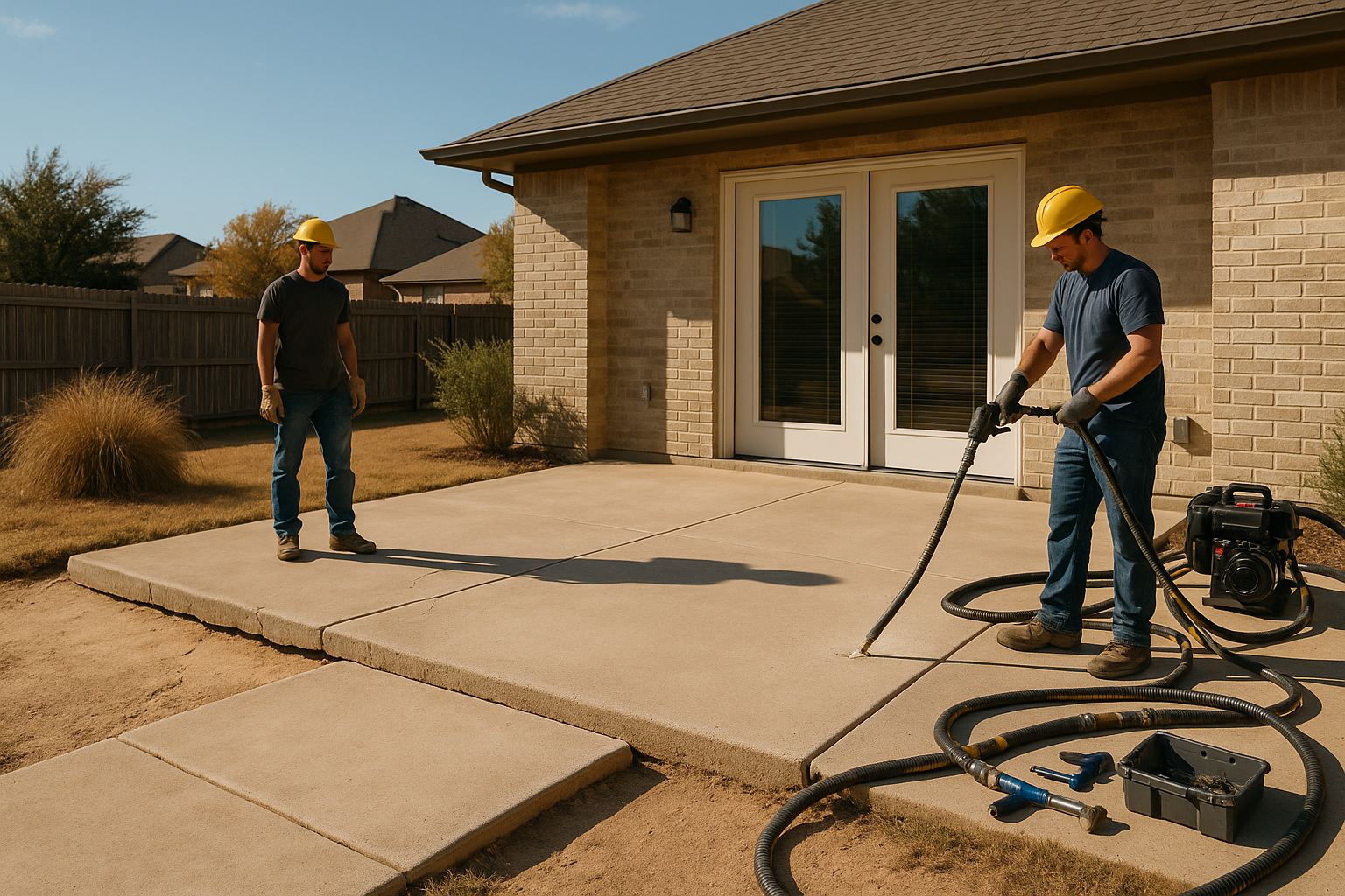 A realistic residential backyard in Texas with a slightly sunken concrete patio being lifted with polyurethane foam injection by a professional crew. Show one side of the patio uneven before repair and another section level after repair, with subtle cracks, dry Texas landscaping, bright natural sunlight, and a clean modern home in the background.