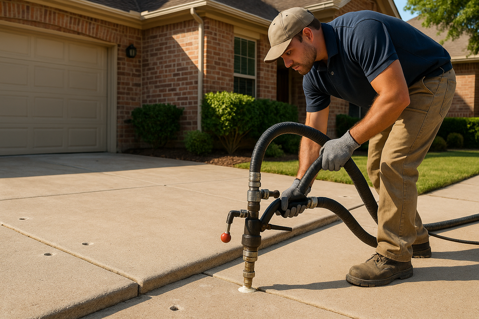 A high-quality residential Texas scene showing a contractor performing polyurethane foam concrete leveling on a sunken driveway slab. Small drilled holes are visible in the concrete, injection equipment is attached, and the slab is being precisely lifted back into place. The home has a warm Texas suburban look with bright sunlight, clean landscaping, and a clear before-and-after elevation difference between slabs. Emphasize a professional, clean, no-demolition repair process with realistic concrete texture and subtle construction details.