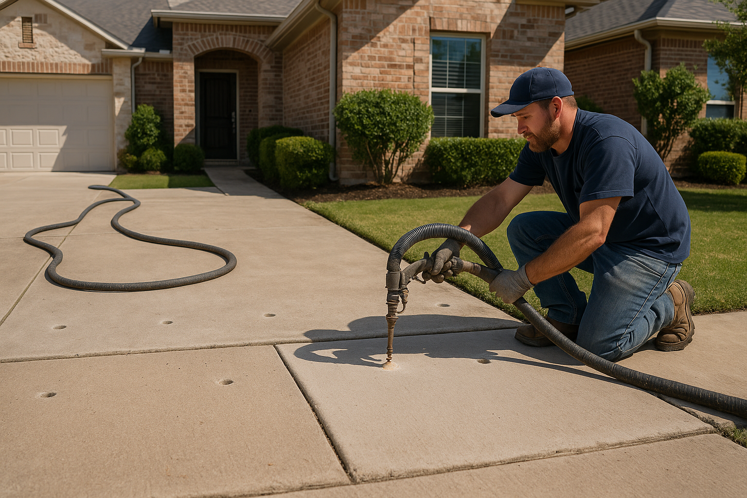 A realistic residential Texas driveway repair scene showing a contractor performing polyurethane foam injection concrete leveling. The image includes a slightly sunken concrete slab, small drilled injection holes, hose equipment, lifted and level concrete, bright Texas daylight, suburban home exterior, clean worksite, and a clear before-and-after effect highlighting fast, non-invasive slab lifting.