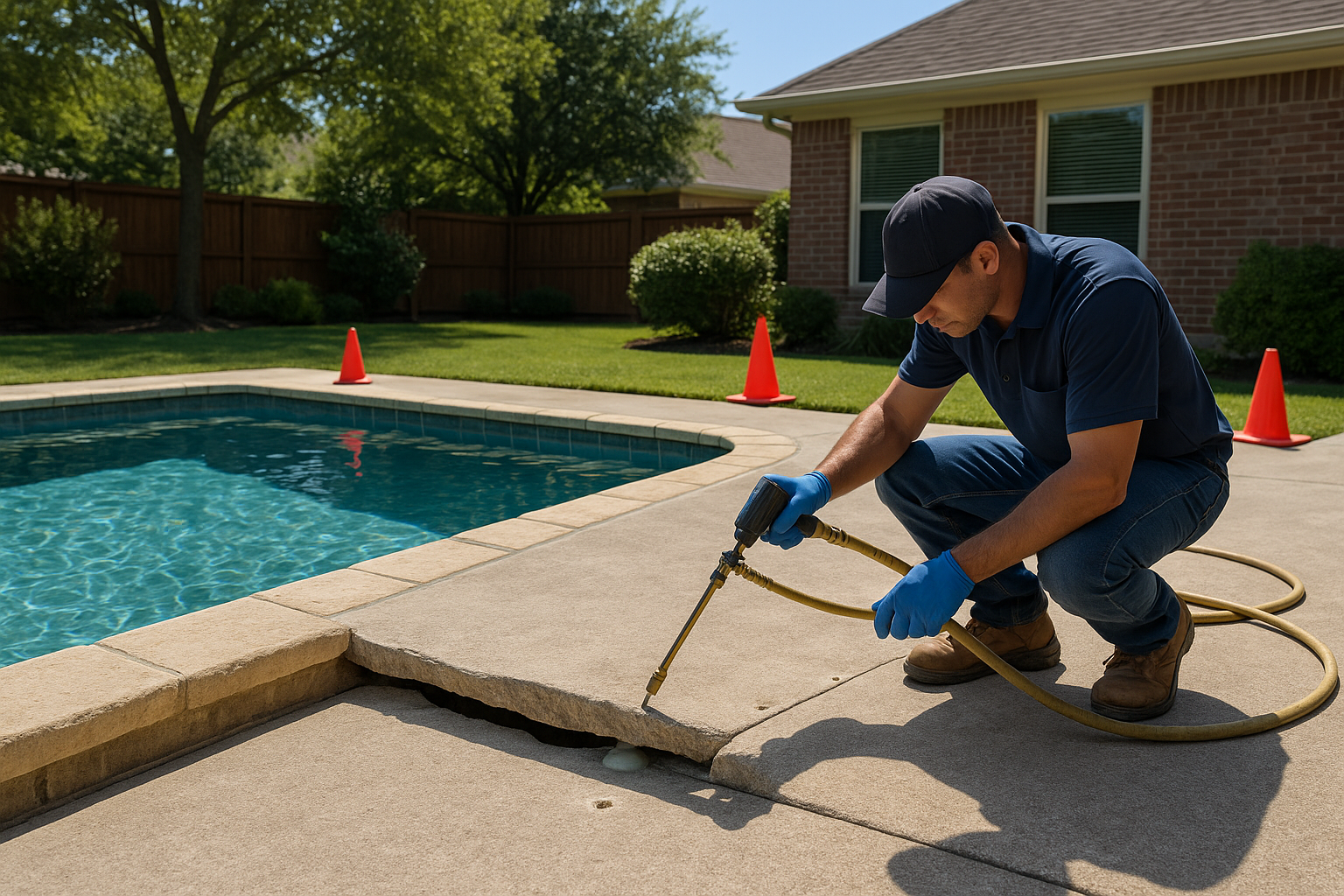 A realistic Texas backyard swimming pool with one section of concrete pool deck visibly sunken and uneven near the coping, while a technician performs polyurethane foam leveling through small drilled holes. Bright daylight, clean residential setting, subtle safety cones, before-and-after elevation difference visible, professional service photography style.