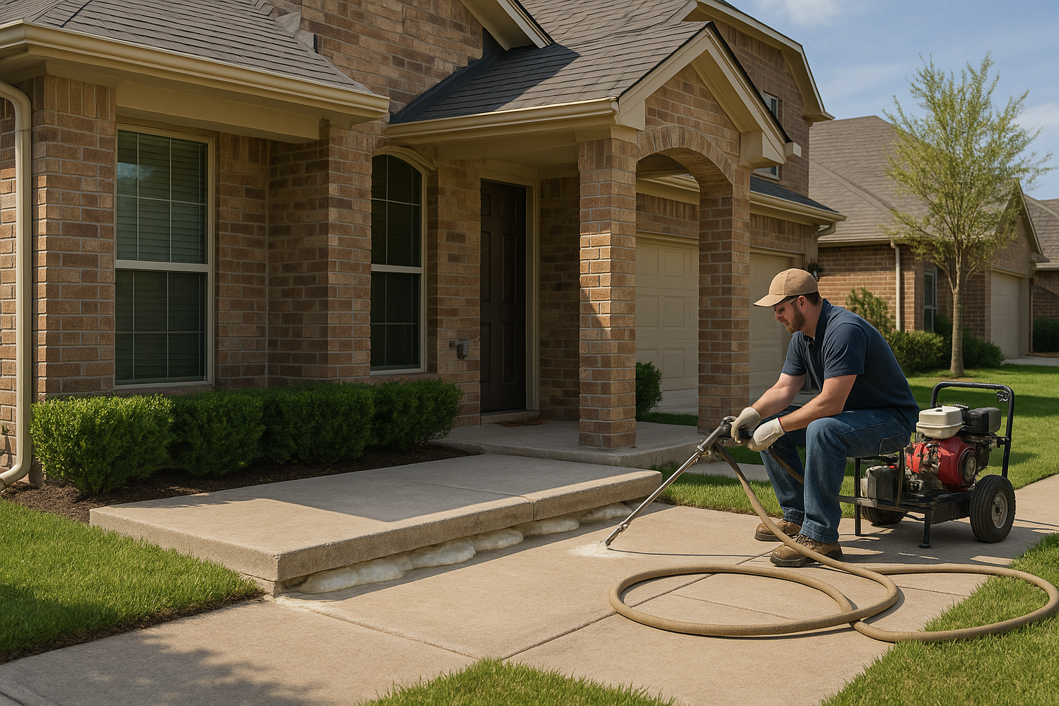 A realistic residential Texas home with a slightly sunken concrete front porch being lifted with polyurethane foam injection, technician equipment visible, clean suburban setting, bright natural light, before-and-after elevation difference shown subtly, professional construction photography style