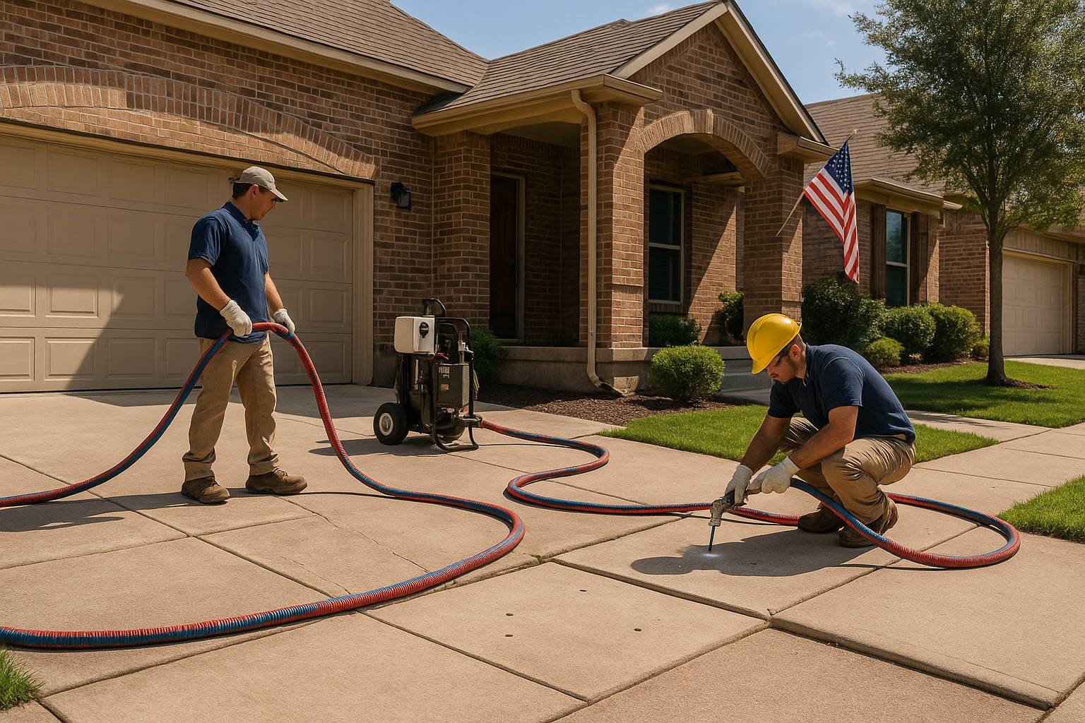 A realistic Texas suburban home with a slightly sunken concrete driveway, uneven sidewalk, and settling front porch being lifted with polyurethane foam injection by a professional crew. Show clean equipment, small drill holes, bright daylight, and a polished before-and-after look that highlights safe, level residential concrete surfaces.