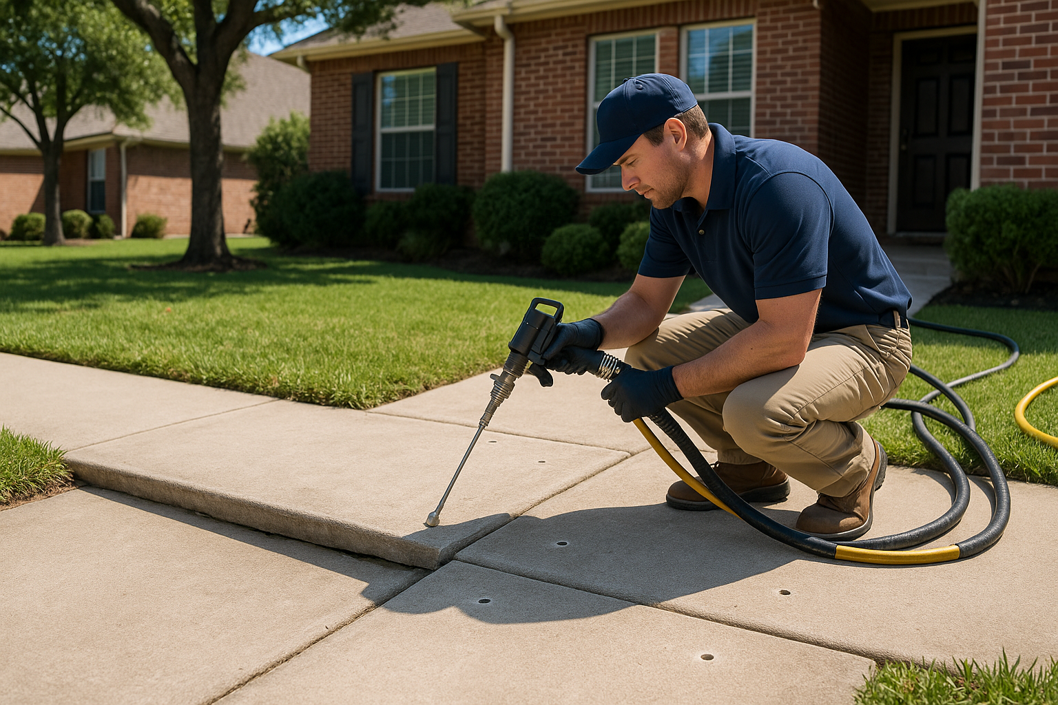 A realistic residential Texas sidewalk with one slab sunken lower than the next, creating a visible trip hazard. A concrete leveling technician is repairing it with polyurethane foam injection equipment, small drilled holes visible in the slab, clean suburban setting, bright natural light, before-and-after contrast, professional home service photography style.