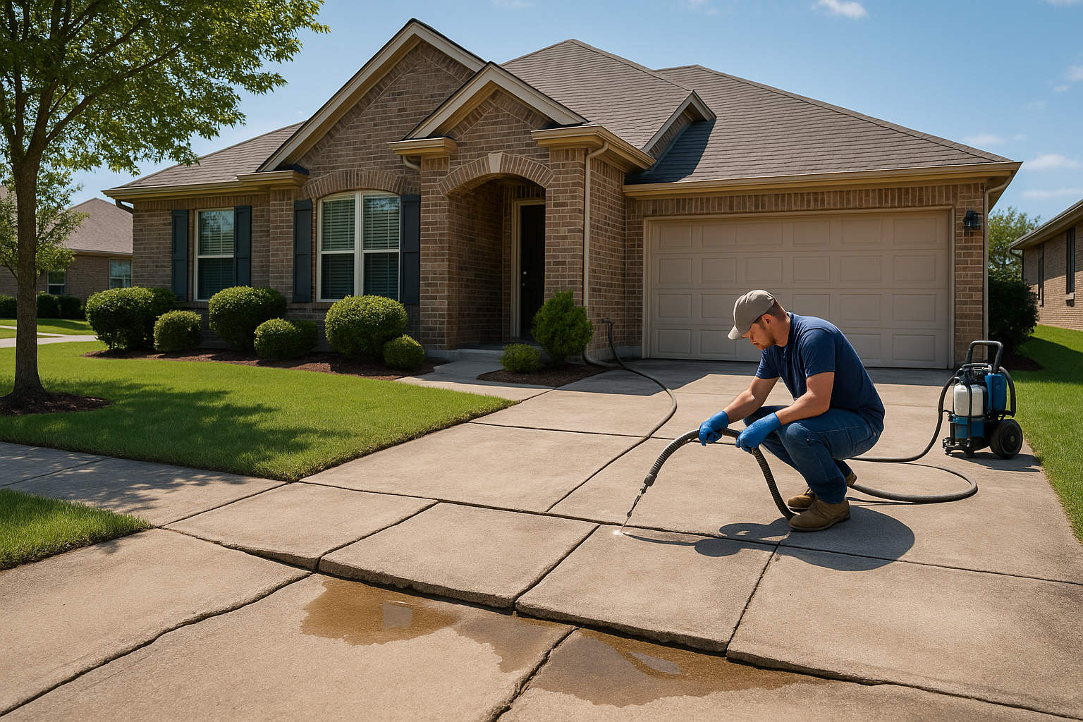 A realistic Texas suburban home with visibly sunken concrete slabs around the front walkway and driveway near the house foundation, small separation gaps, pooling water after rain, and a contractor performing polyurethane foam lifting with minimal equipment. Bright daylight, clean residential setting, high detail, wide-angle composition.