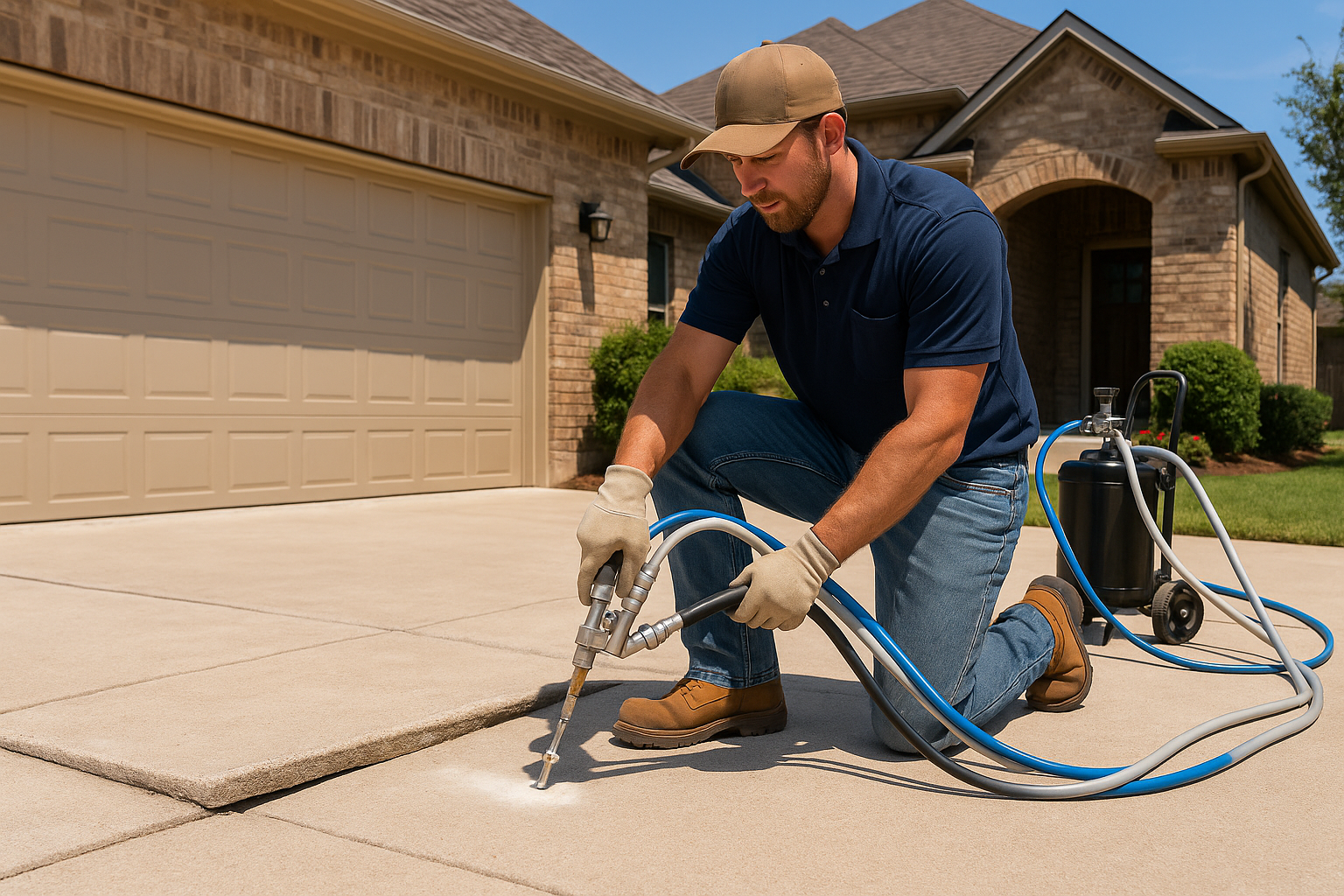 A realistic Texas residential property with a visibly sunken concrete slab being repaired using polyurethane foam injection. Show a contractor lifting uneven concrete near a driveway and walkway, with subtle elevation difference before repair, clean equipment, bright Texas sunlight, and a professional home-service look.