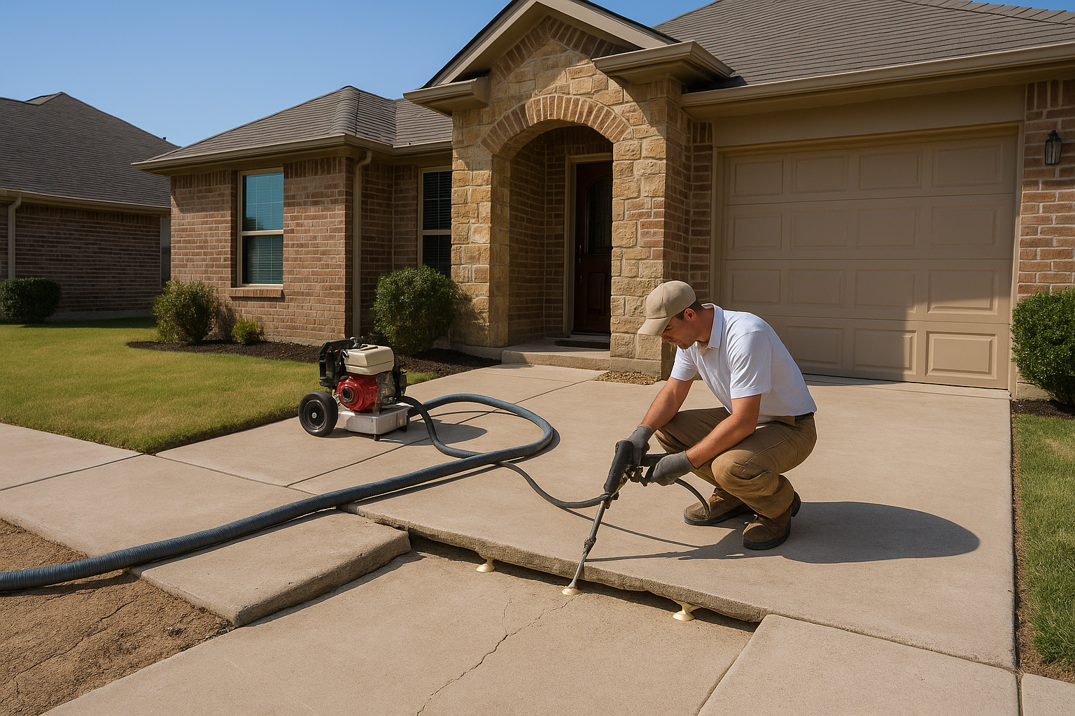 A realistic residential Texas home with a visibly sunken concrete slab section near the front entry and driveway, a contractor performing polyurethane foam injection lifting, dry Texas soil, clean suburban setting, bright natural daylight, high-detail, professional home service marketing style.