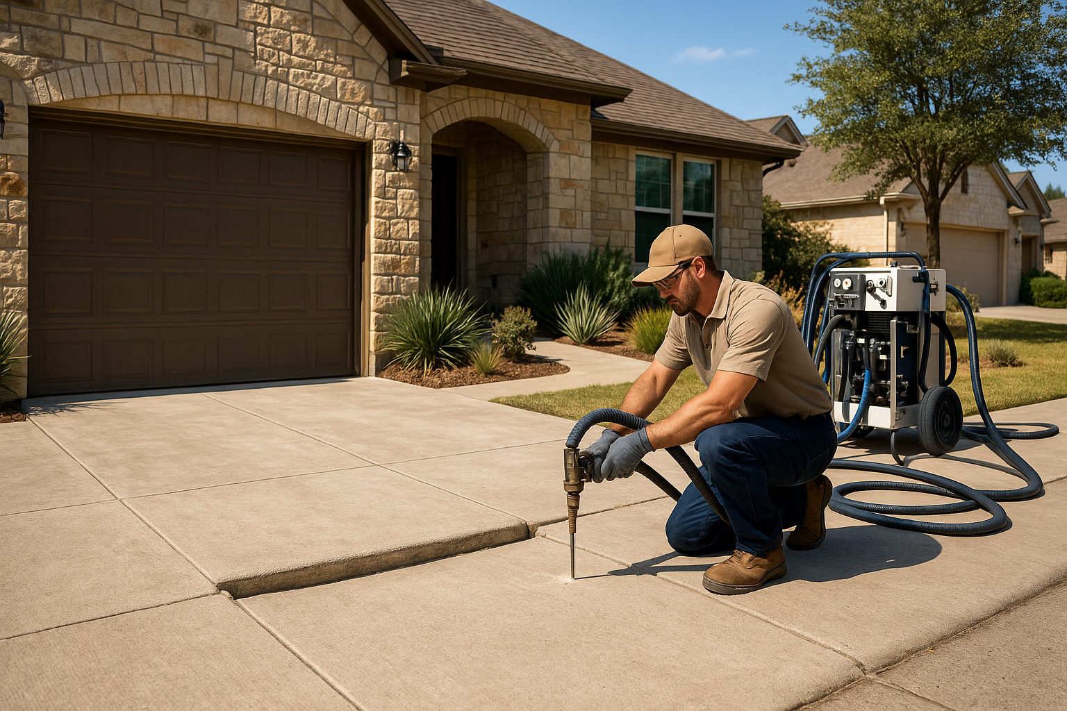 A realistic Texas residential driveway with one concrete slab visibly sunken near the garage, a technician performing polyurethane foam injection through small drilled holes, clean equipment, bright daylight, suburban Hill Country home, before-and-after elevation difference visible, professional concrete repair scene, high detail, photorealistic.