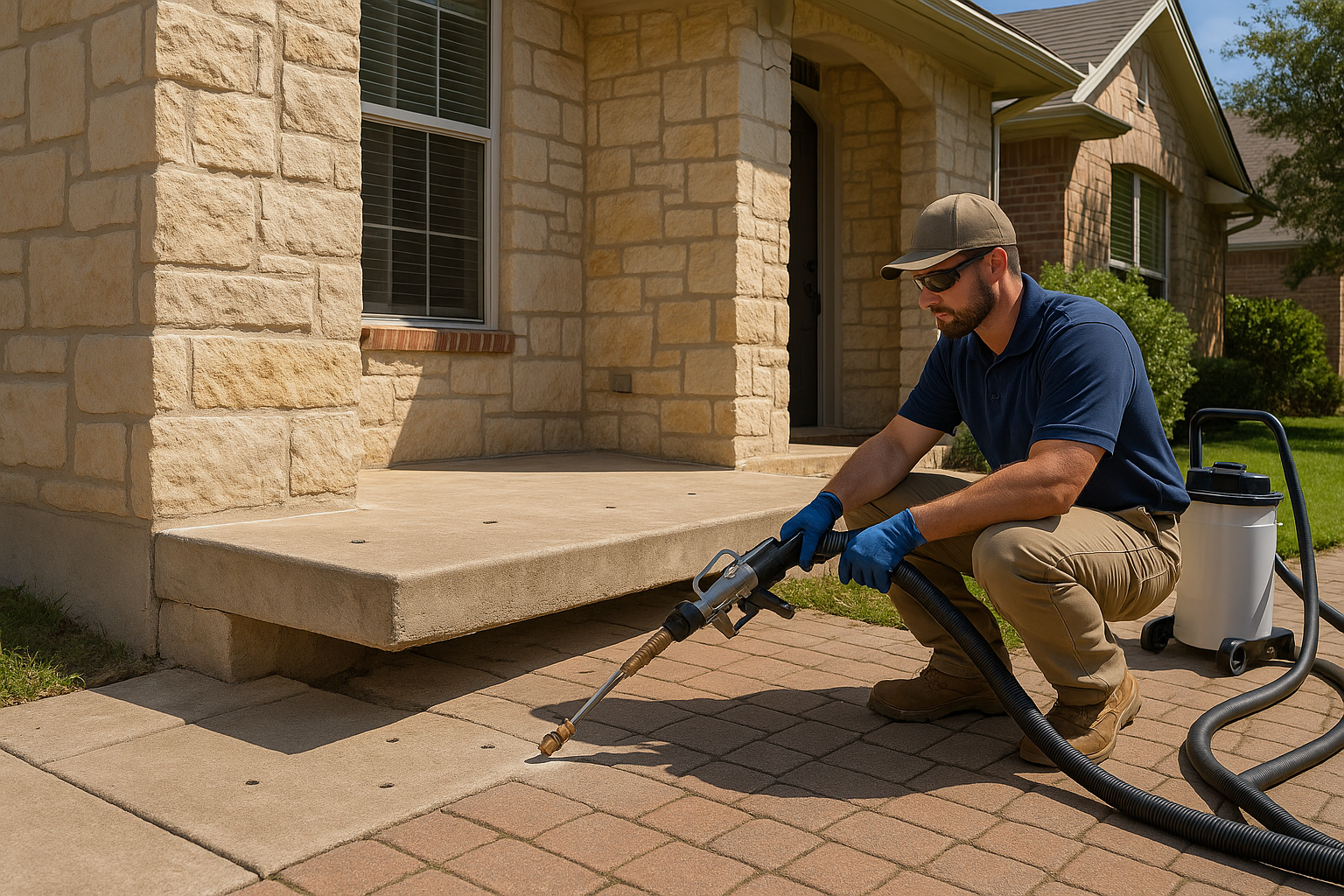 A realistic Texas home with a visibly sunken front porch slab near the entryway, one side lower than the other, creating a step crack and slight gap near the foundation. Show a contractor performing polyurethane foam leveling with small drilled holes in the porch slab, clean equipment, bright natural light, suburban Central Texas setting, professional and trustworthy look, no demolition, no mess.