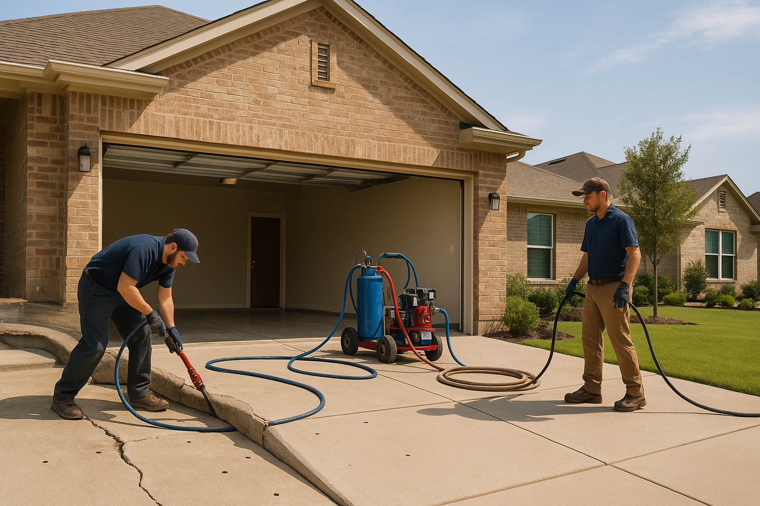 A realistic Texas residential garage with one side of the concrete floor visibly sunken and cracked near the garage door, while professional technicians use polyurethane foam injection equipment to lift and level the slab. Show subtle drill holes, clean work area, bright natural light, suburban home setting, and a before-and-after feel emphasizing fast, non-invasive concrete repair.