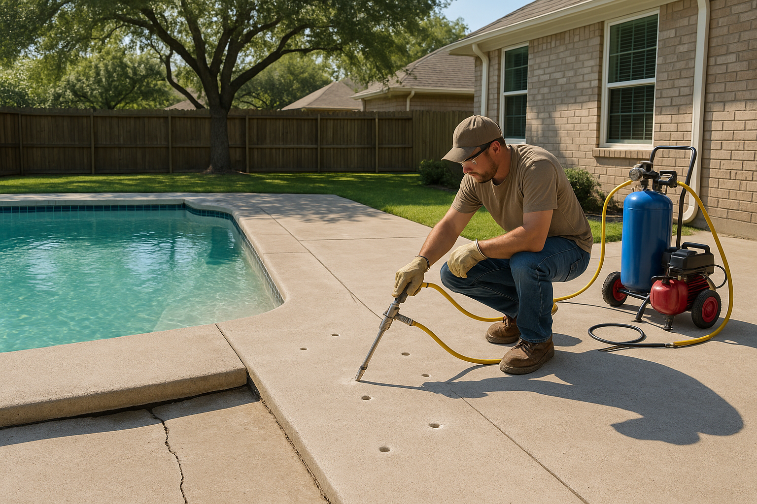 A realistic Texas backyard with a concrete pool deck where one section has visibly sunk and become uneven near the swimming pool edge. A contractor is performing polyurethane foam injection through small drilled holes to lift the slab. Show clear before-and-after elevation difference, bright natural sunlight, clean residential setting, subtle safety emphasis, and professional repair equipment.
