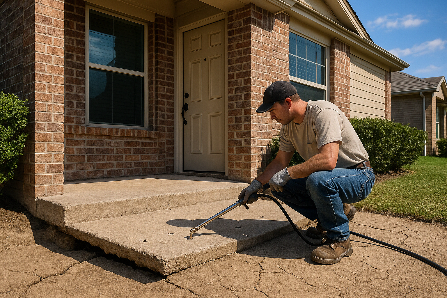 A realistic residential Texas home with a visibly sunken concrete front porch slab pulling slightly away from the entry step, a contractor performing polyurethane foam injection through small drilled holes, bright natural light, clean suburban setting, subtle clay soil cracking nearby, professional documentary-style composition, highly detailed, photorealistic