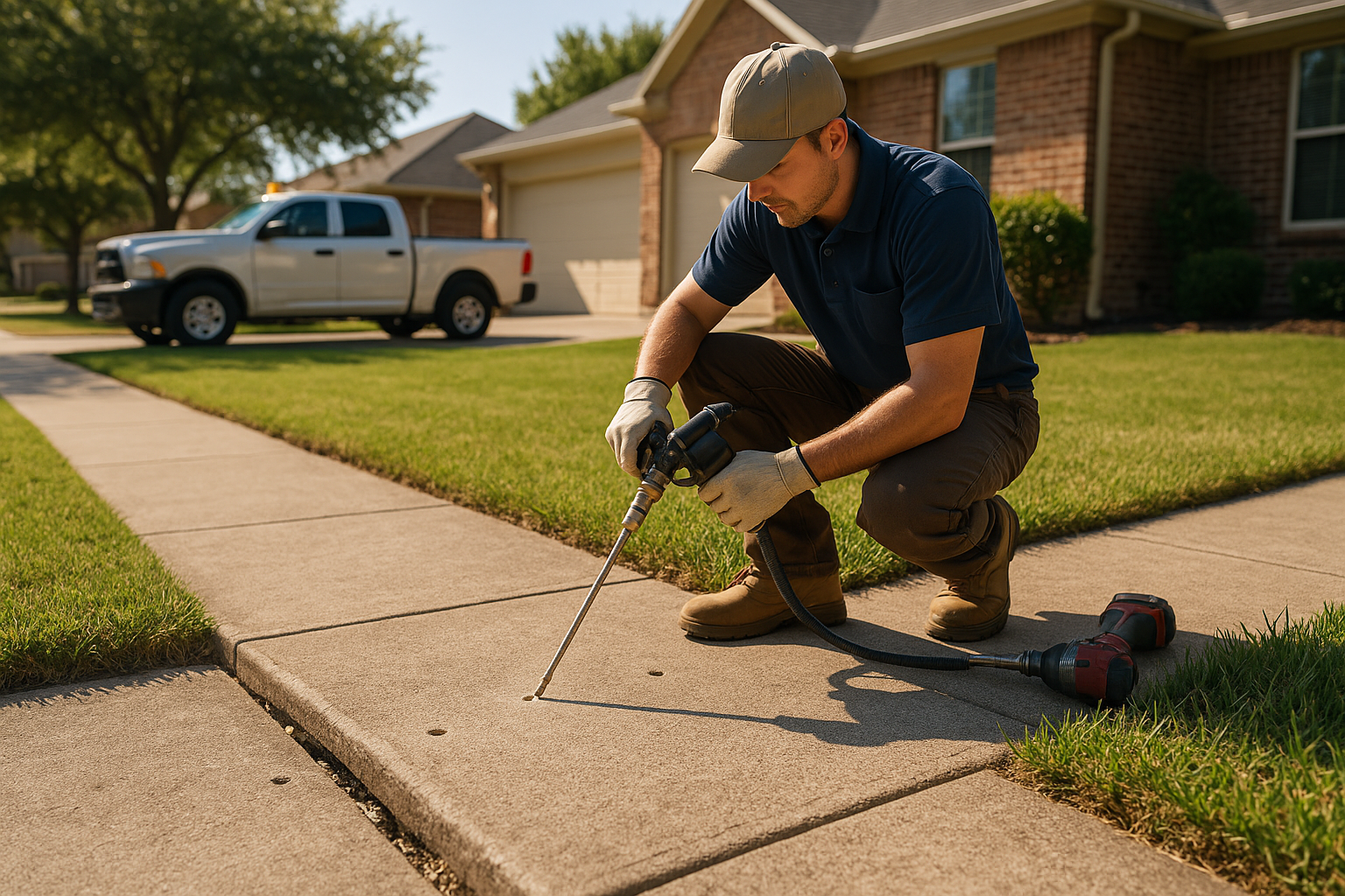 A high-resolution residential Texas sidewalk with one concrete slab visibly sunken and creating a trip hazard, while a technician performs polyurethane foam injection through small drilled holes. Show a clean suburban front yard, bright natural light, realistic concrete texture, subtle lifting process, work truck in the background, and a professional home-service feel.