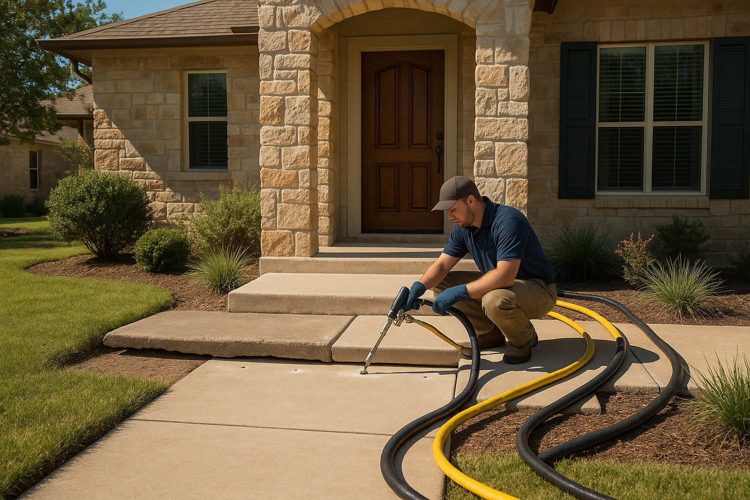 A realistic Texas residential front entry with a visibly sunken concrete stoop below the front door, a foam leveling technician injecting polyurethane through small drilled holes, clean equipment setup, no demolition, warm Hill Country suburban home, clear before-and-after height difference, bright natural light, professional service photography style.