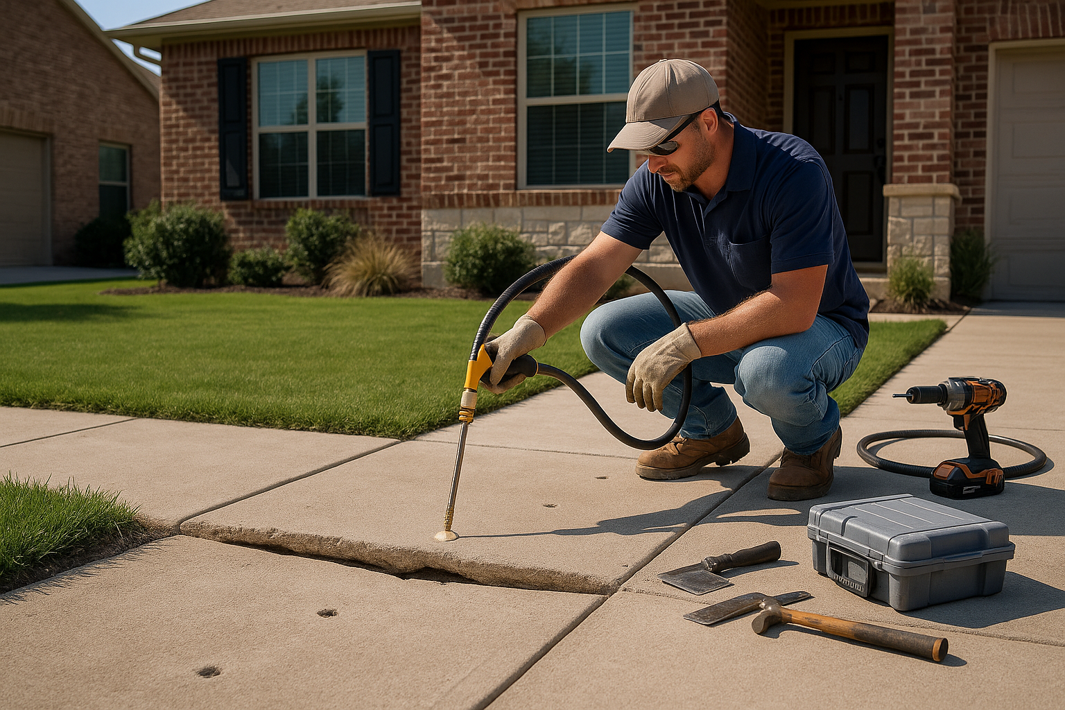 A realistic residential Texas home exterior with a visibly sunken concrete walkway slab creating an uneven trip hazard near the front yard, while a contractor performs polyurethane foam leveling through small drilled holes. Show clean tools, subtle elevation correction, bright natural light, and a professional before-repair look suitable for a concrete repair company blog header.