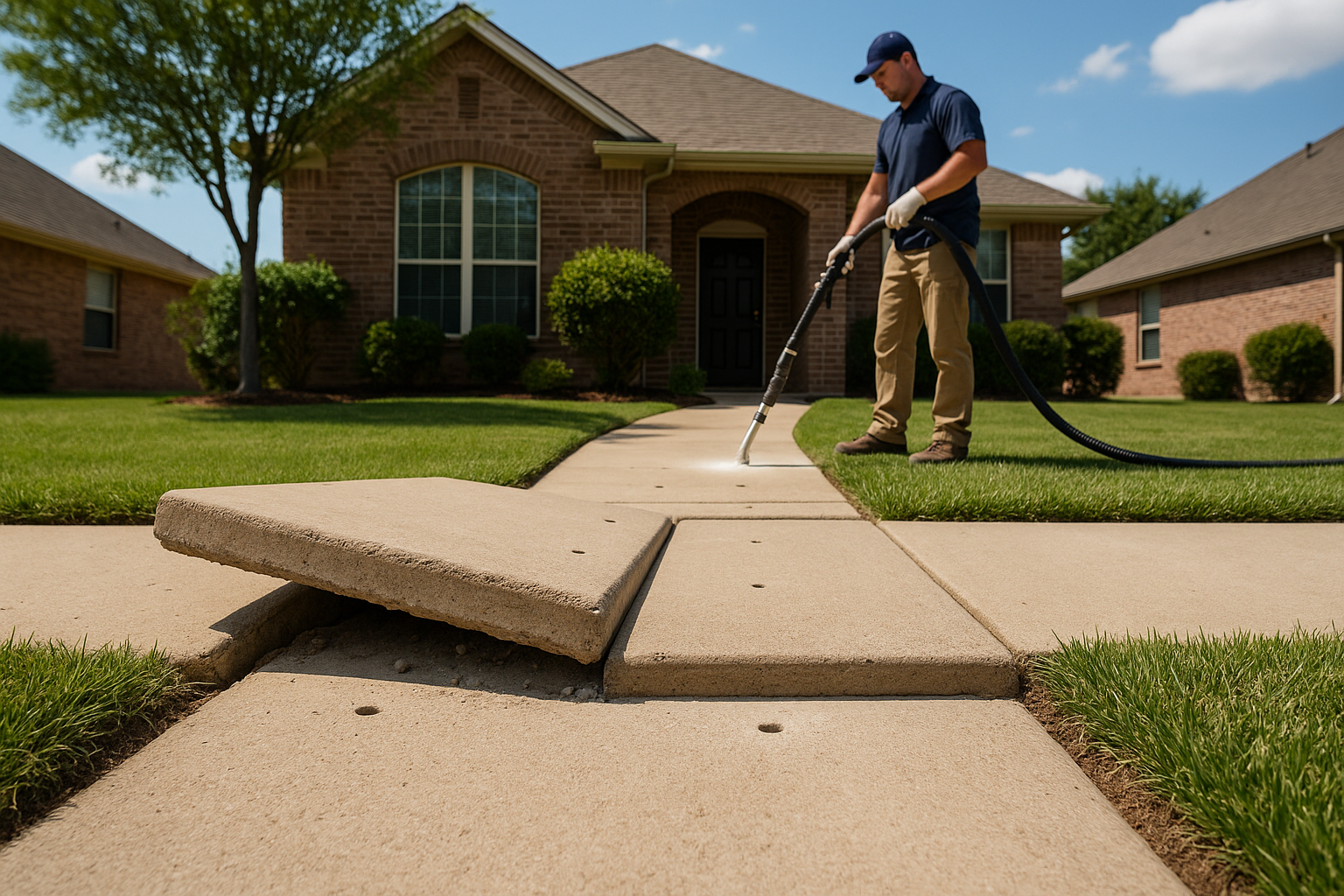A realistic residential Texas sidewalk with one concrete panel raised higher than the next, creating a visible trip hazard. A contractor is performing polyurethane foam leveling with small drilled holes and professional equipment. The setting includes a suburban front yard, bright Texas sunlight, clean concrete, and a clear before-and-after contrast emphasizing safety, no demolition, and fast repair.
