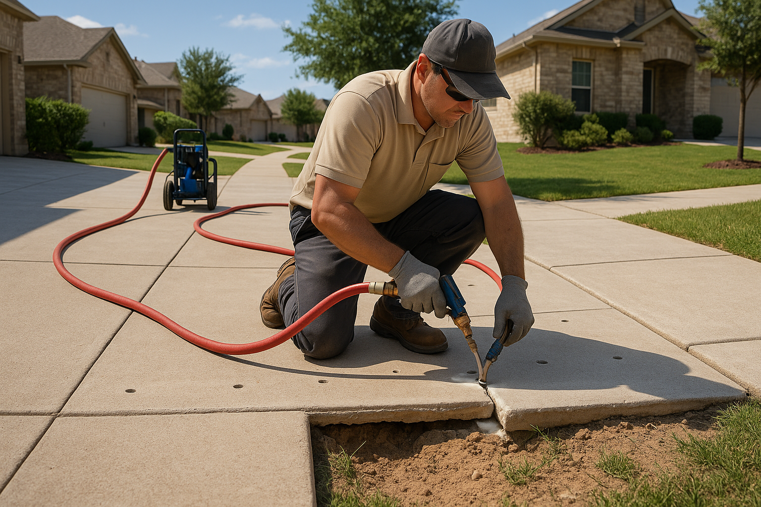 A realistic residential Texas driveway and walkway scene with a contractor performing polyurethane foam injection beneath a slightly sunken concrete slab. Show small drilled holes in the concrete, lifting equipment, subtle slab stabilization, dry Texas soil with erosion gaps beneath the slab, and a clean professional repair setting under bright natural light.